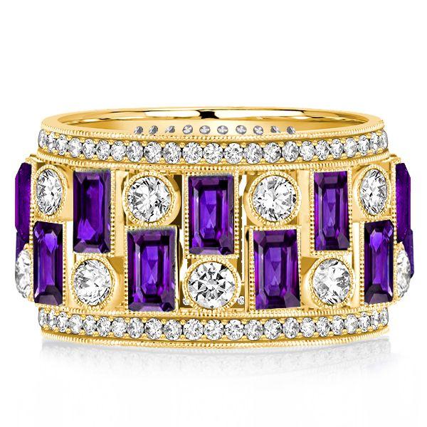 Amethyst Baguette Vintage Wedding Band - 18K Gold Plated Sterling Silver