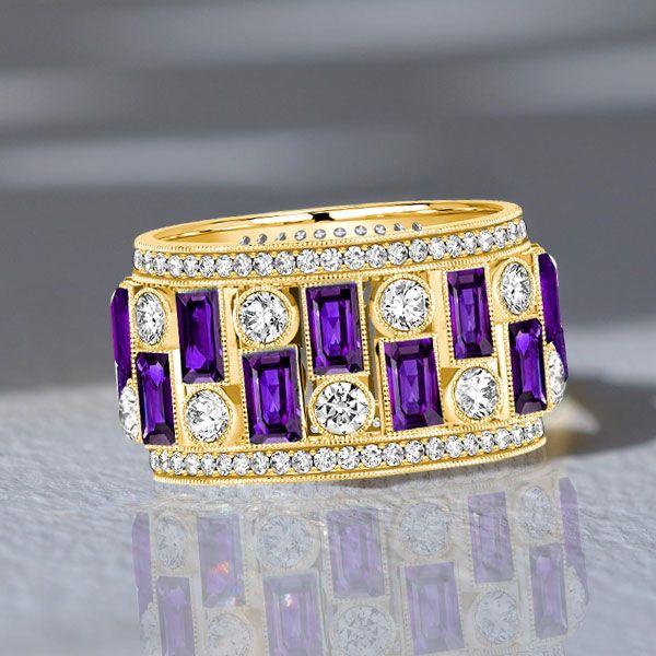 Amethyst Baguette Vintage Wedding Band - 18K Gold Plated Sterling Silver