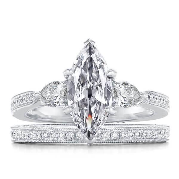 Milgrain White Sapphire Bridal Set - Sterling Silver Three Stone Engagement Ring