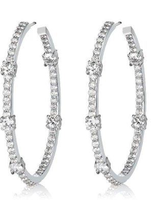 Rhodium Plated Sterling Silver White Sapphire Round Cut Big Hoop Earrings for Women