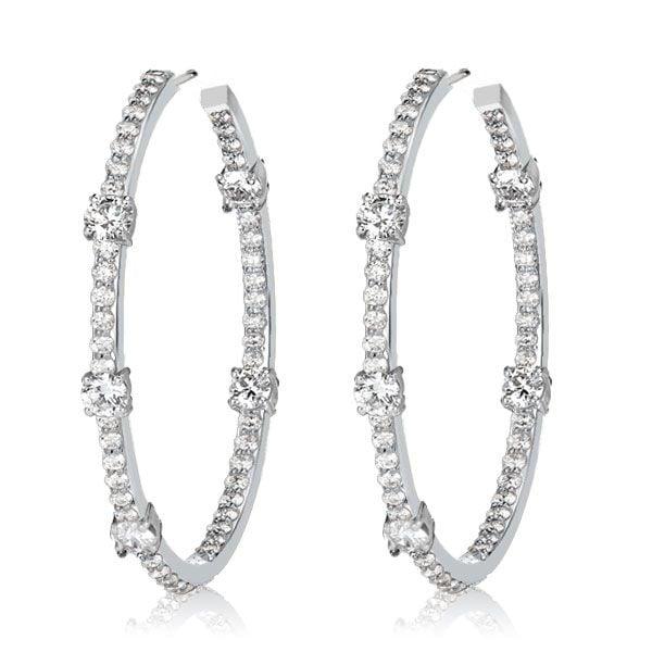 Rhodium Plated Sterling Silver White Sapphire Round Cut Big Hoop Earrings for Women