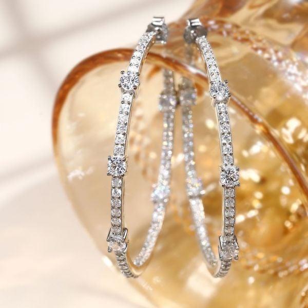 Rhodium Plated Sterling Silver White Sapphire Round Cut Big Hoop Earrings for Women
