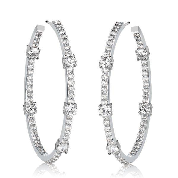 Rhodium Plated Sterling Silver White Sapphire Round Cut Big Hoop Earrings for Women