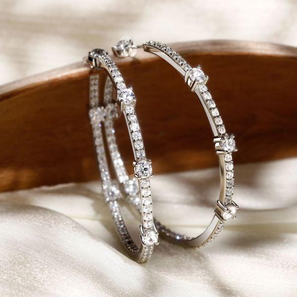 Rhodium Plated Sterling Silver White Sapphire Round Cut Big Hoop Earrings for Women
