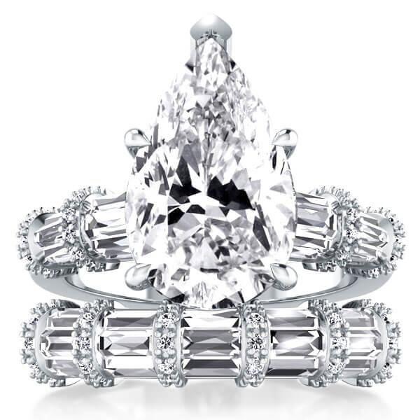 Pear Cut White Sapphire Bridal Set - 925 Sterling Silver Ribbon Design