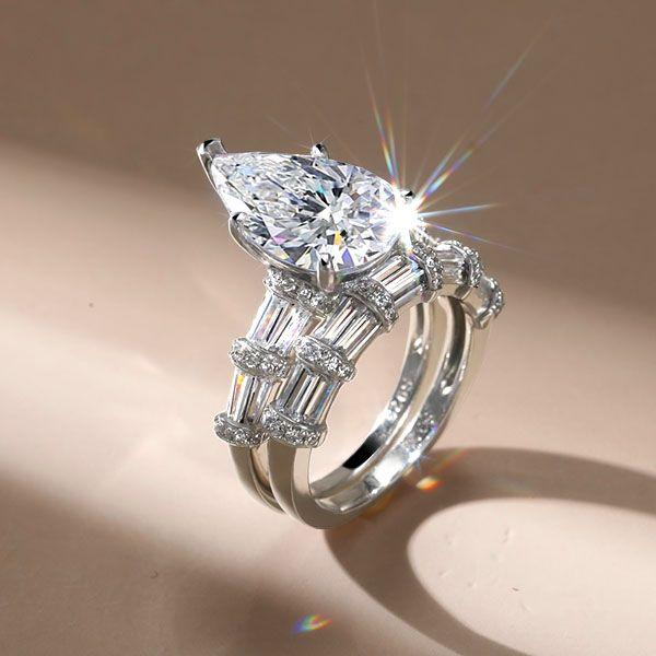 Pear Cut White Sapphire Bridal Set - 925 Sterling Silver Ribbon Design