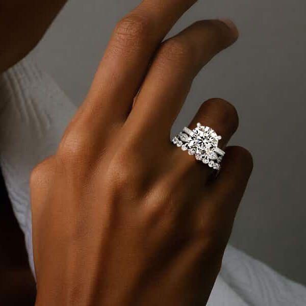 White Sapphire Wedding Ring Set - Sterling Silver 3-Piece Bridal Set