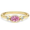 Three Stone Oval Pink Sapphire Bezel Setting Engagement Ring in 18K Gold Plated Sterling Silver