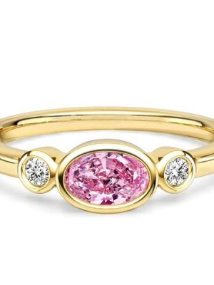 Three Stone Oval Pink Sapphire Bezel Setting Engagement Ring in 18K Gold Plated Sterling Silver