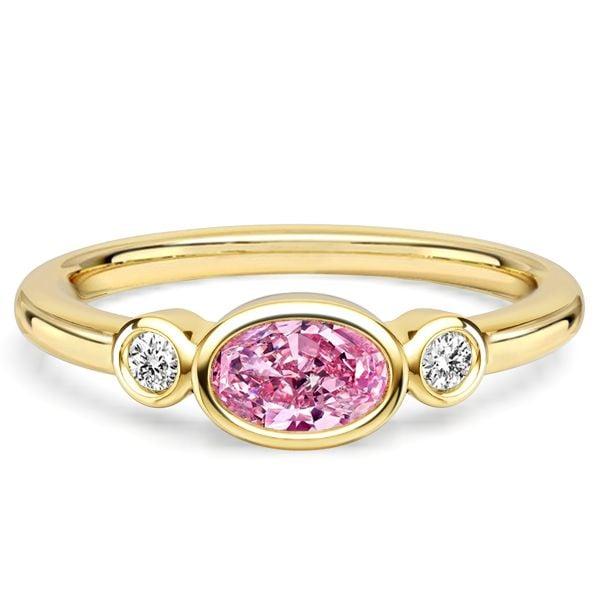 Three Stone Oval Pink Sapphire Bezel Setting Engagement Ring in 18K Gold Plated Sterling Silver