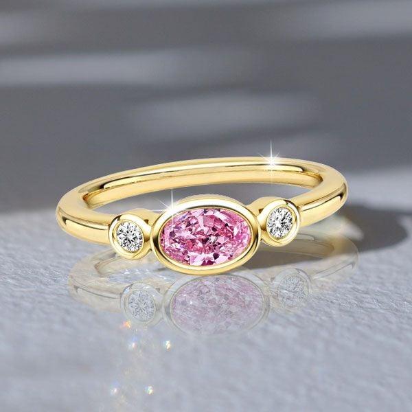 Three Stone Oval Pink Sapphire Bezel Setting Engagement Ring in 18K Gold Plated Sterling Silver