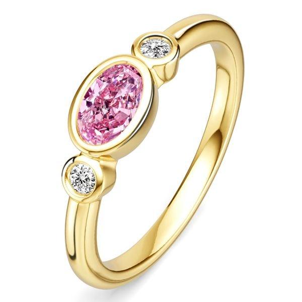 Three Stone Oval Pink Sapphire Bezel Setting Engagement Ring in 18K Gold Plated Sterling Silver