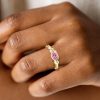 Three Stone Oval Pink Sapphire Bezel Setting Engagement Ring in 18K Gold Plated Sterling Silver