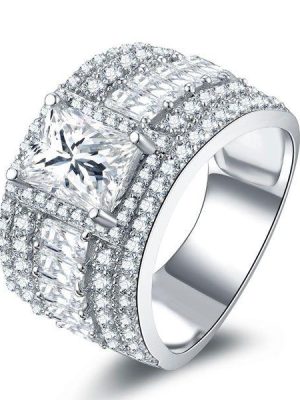 Wide Band Sterling Silver Wedding Ring with Triple Row White Sapphires