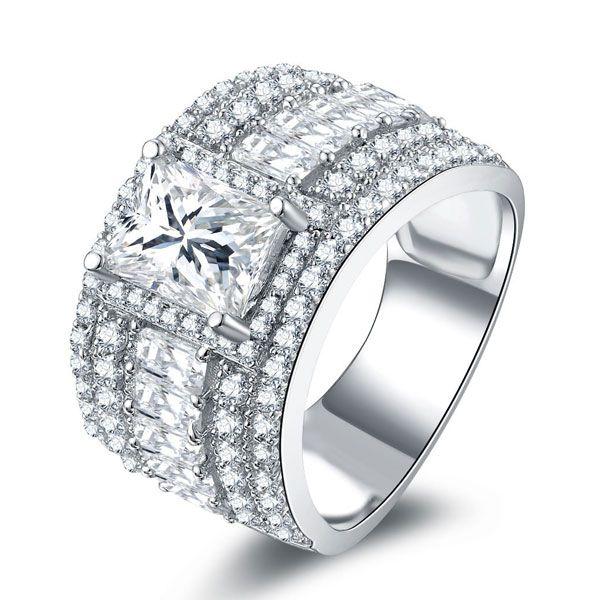 Wide Band Sterling Silver Wedding Ring with Triple Row White Sapphires