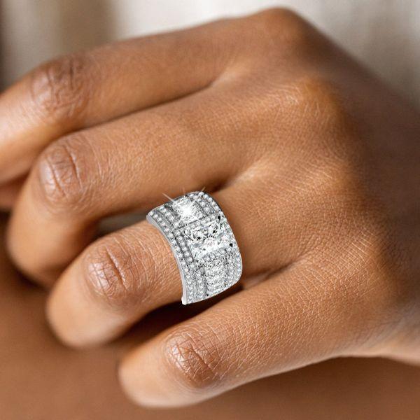 Wide Band Sterling Silver Wedding Ring with Triple Row White Sapphires