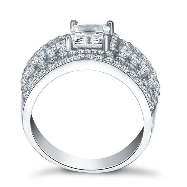 Wide Band Sterling Silver Wedding Ring with Triple Row White Sapphires