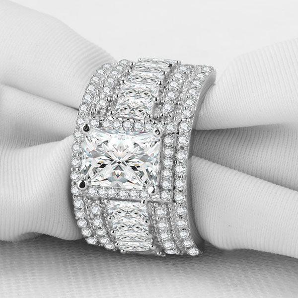 Wide Band Sterling Silver Wedding Ring with Triple Row White Sapphires