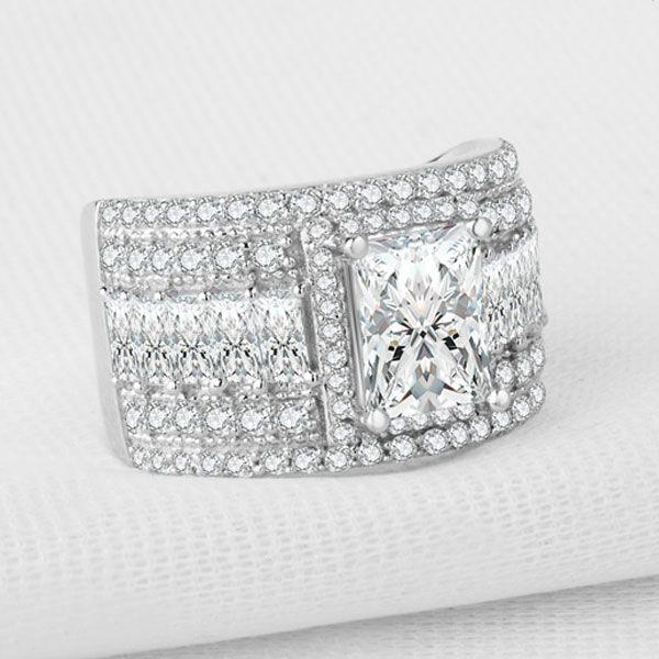 Wide Band Sterling Silver Wedding Ring with Triple Row White Sapphires
