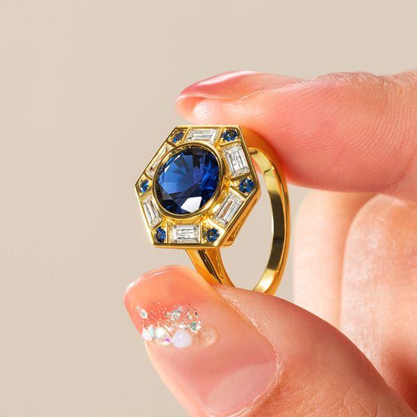 Blue Sapphire Halo Engagement Ring for Women - Sterling Silver