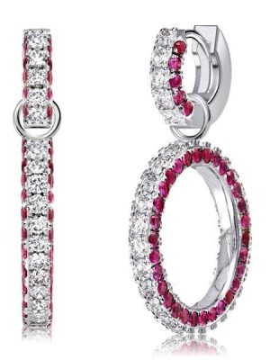Sterling Silver Drop Earrings with Round Cut White and Ruby Sapphire Stones