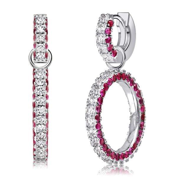 Sterling Silver Drop Earrings with Round Cut White and Ruby Sapphire Stones