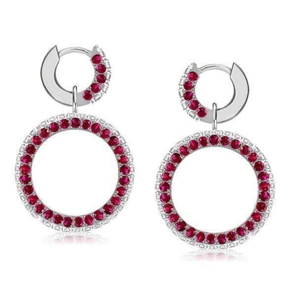 Sterling Silver Drop Earrings with Round Cut White and Ruby Sapphire Stones