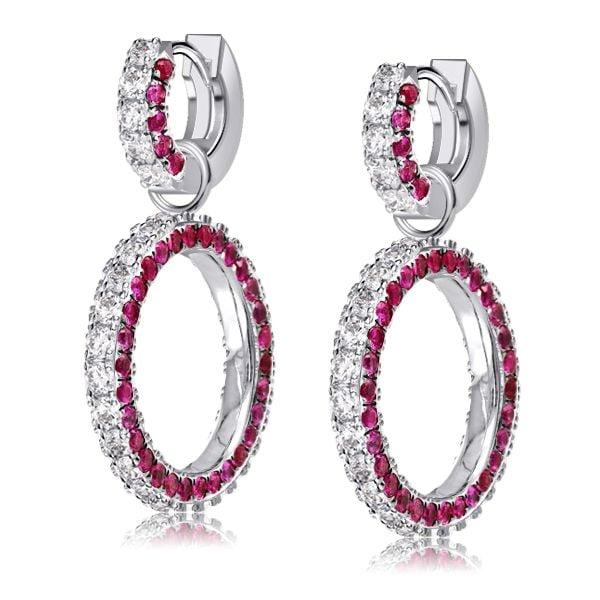 Sterling Silver Drop Earrings with Round Cut White and Ruby Sapphire Stones