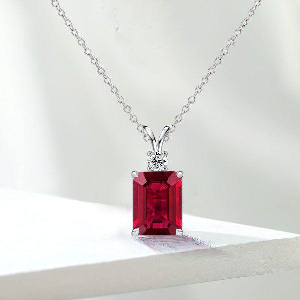 Emerald & Ruby Pendant Necklace - 925 Sterling Silver, Emerald Cut Gemstone