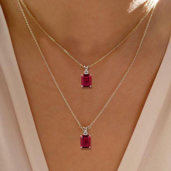 Emerald & Ruby Pendant Necklace - 925 Sterling Silver, Emerald Cut Gemstone