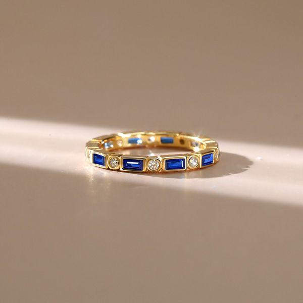 Baguette Blue Sapphire Eternity Band - Sterling Silver Wedding Ring for Women