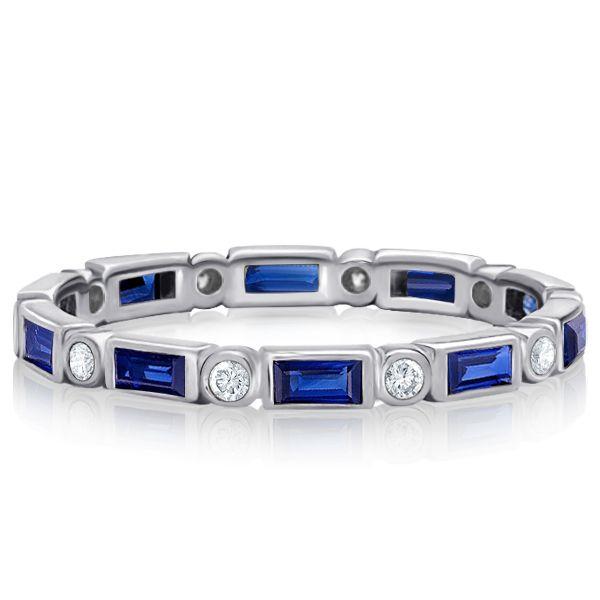 Baguette Blue Sapphire Eternity Band - Sterling Silver Wedding Ring for Women