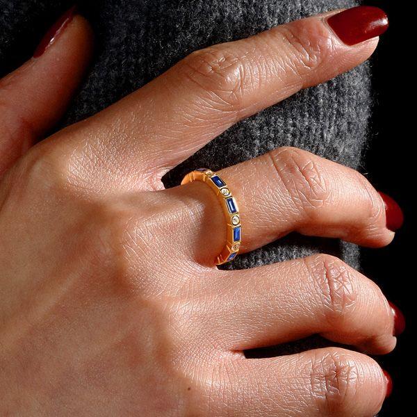 Baguette Blue Sapphire Eternity Band - Sterling Silver Wedding Ring for Women
