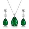Pear Shaped Emerald & Sapphire Necklace and Earrings Jewelry Set in Sterling Silver