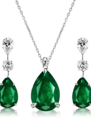 Pear Shaped Emerald & Sapphire Necklace and Earrings Jewelry Set in Sterling Silver