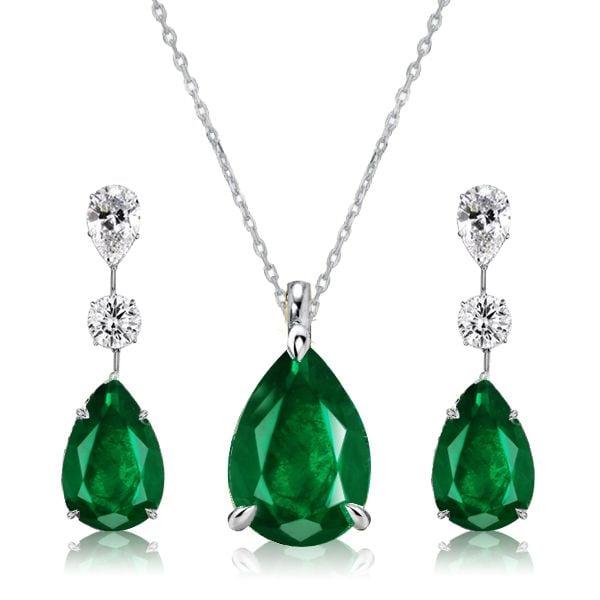 Pear Shaped Emerald & Sapphire Necklace and Earrings Jewelry Set in Sterling Silver