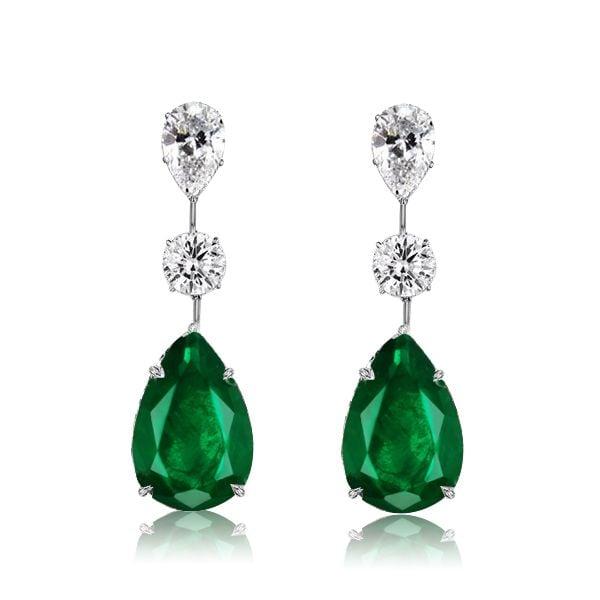 Pear Shaped Emerald & Sapphire Necklace and Earrings Jewelry Set in Sterling Silver