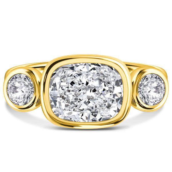 Cushion Cut 3 Stone Bezel Set Engagement Ring - 18K Gold Plated Sterling Silver