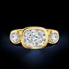Cushion Cut 3 Stone Bezel Set Engagement Ring - 18K Gold Plated Sterling Silver