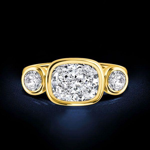 Cushion Cut 3 Stone Bezel Set Engagement Ring - 18K Gold Plated Sterling Silver