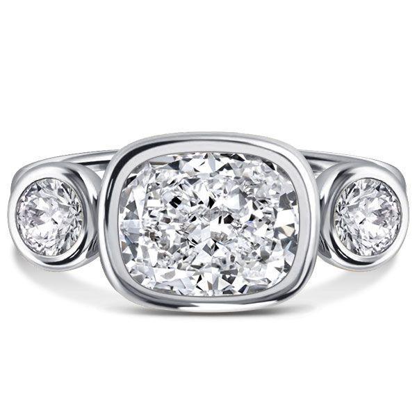 Cushion Cut 3 Stone Bezel Set Engagement Ring - 18K Gold Plated Sterling Silver