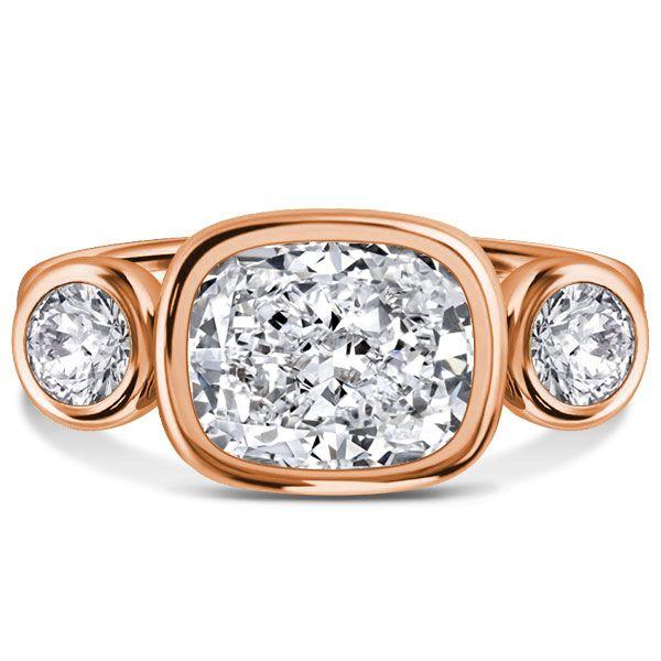 Cushion Cut 3 Stone Bezel Set Engagement Ring - 18K Gold Plated Sterling Silver