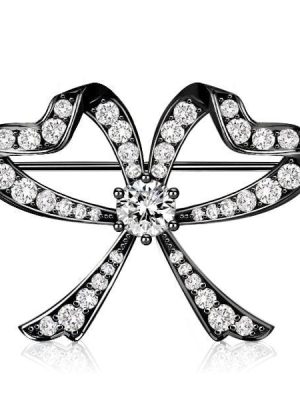 Vintage Style Black Bow Brooch Pin in 925 Sterling Silver Plated, 2.70 CT. TW