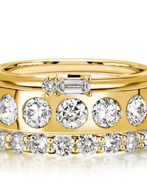 Golden Baguette & Round Cut Stackable Ring Set - 18K Gold Plated Sterling Silver, 6.06 CT. TW.