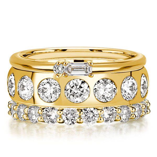 Golden Baguette & Round Cut Stackable Ring Set - 18K Gold Plated Sterling Silver, 6.06 CT. TW.