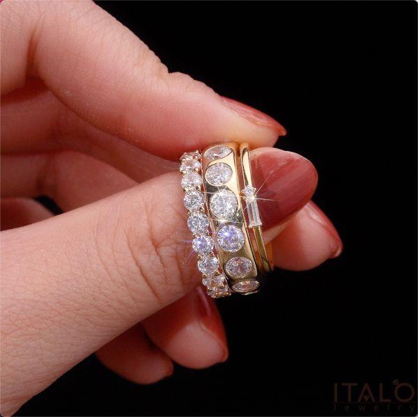 Golden Baguette & Round Cut Stackable Ring Set - 18K Gold Plated Sterling Silver, 6.06 CT. TW.