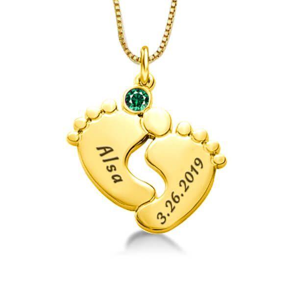 Personalized Baby Feet Necklace - 18K Gold Plated Sterling Silver - Custom Engraved