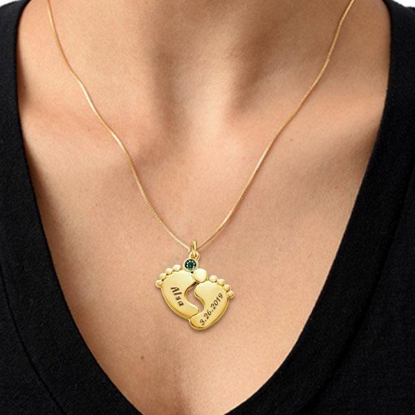 Personalized Baby Feet Necklace - 18K Gold Plated Sterling Silver - Custom Engraved