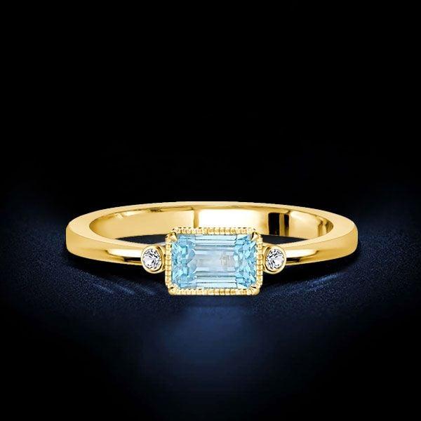 Emerald Cut Aquamarine 3 Stone Engagement Ring, Bezel Setting in 18K Gold Plated Sterling Silver