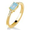 Emerald Cut Aquamarine 3 Stone Engagement Ring, Bezel Setting in 18K Gold Plated Sterling Silver